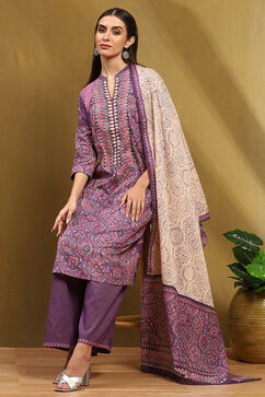 Purple Cotton Printed A-Line Suit Set image number 0