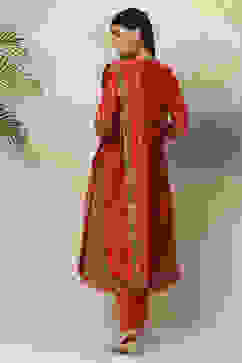 Red Art Silk Double Layered  Kurta Churidar Suit Set image number 9