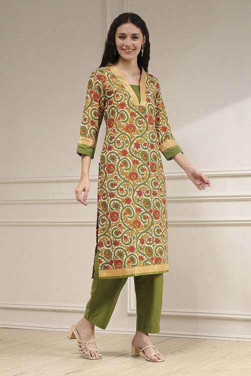 Green Tussar Digital Print Unstitched Suit Set image number 6