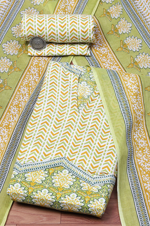 Blue Cotton Screen Printed Unstitched Suit Set image number 0