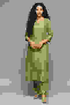 Sap Green Embroidered Straight Kurta Set image number 6