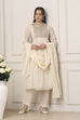 Ivory Cotton Yoke Embroidered A-Line Gathered Suit Set image number 7