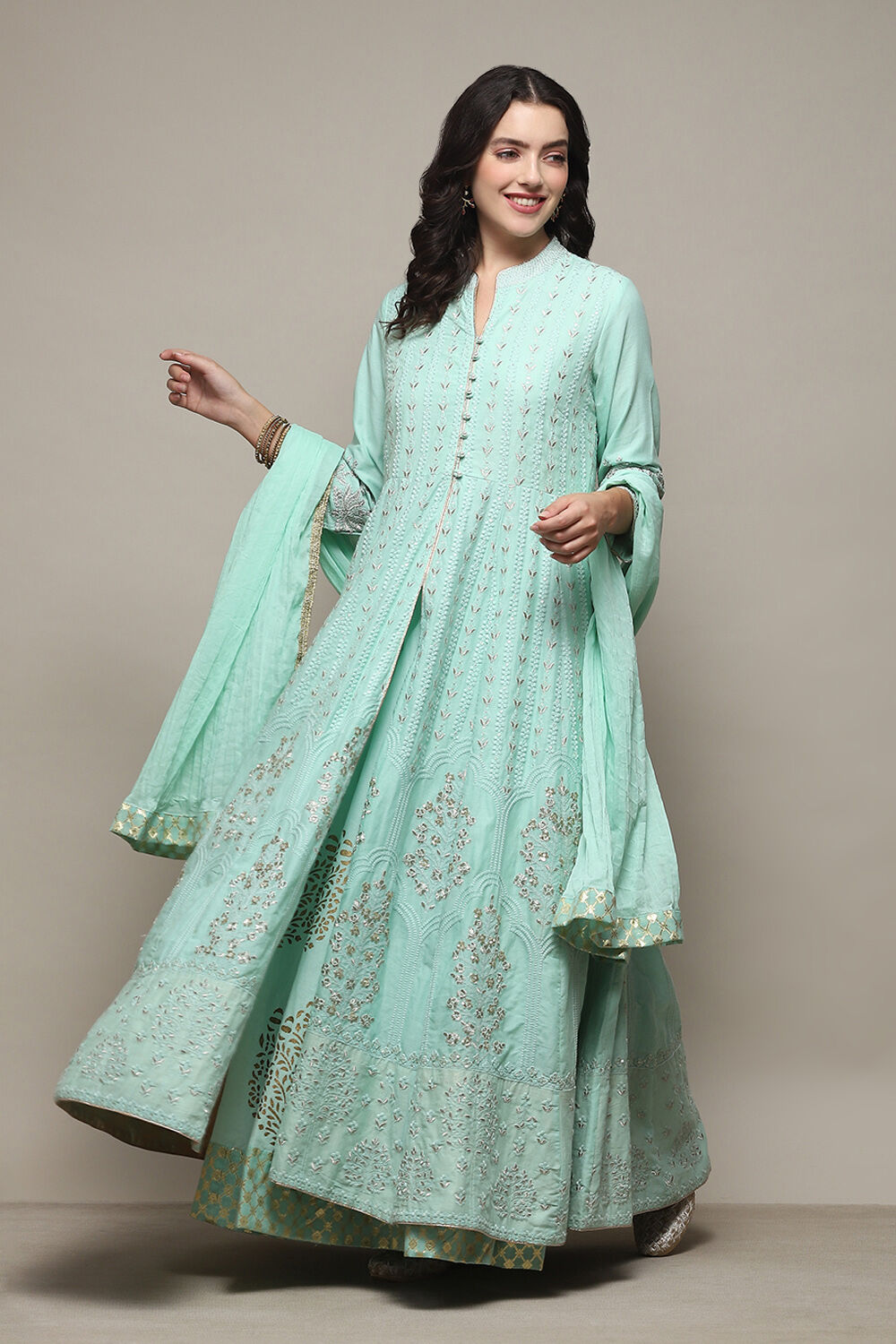 Aqua Blue Cotton Anarkali Kurta Lehenga Set image number 4