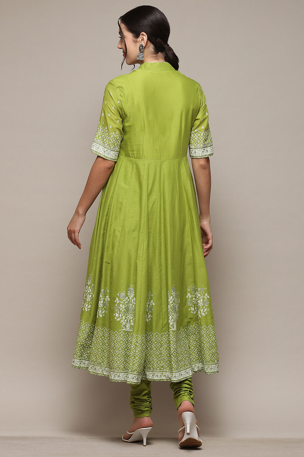 Green Cotton Anarkali Printed Kurta Churidar Suit Set image number 5