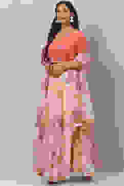 Coral Cream Poly Cotton Lehenga Set image number 5