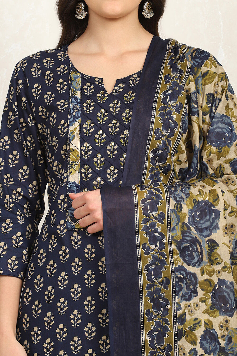 Blue Cotton Printed Unstitched Suit Set image number 2