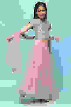 Green Cotton Tissue Blouse Tiered Lehenga & Net Dupatta image number 6