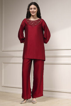 Red Self-Designed Straight Kurta Set image number 6