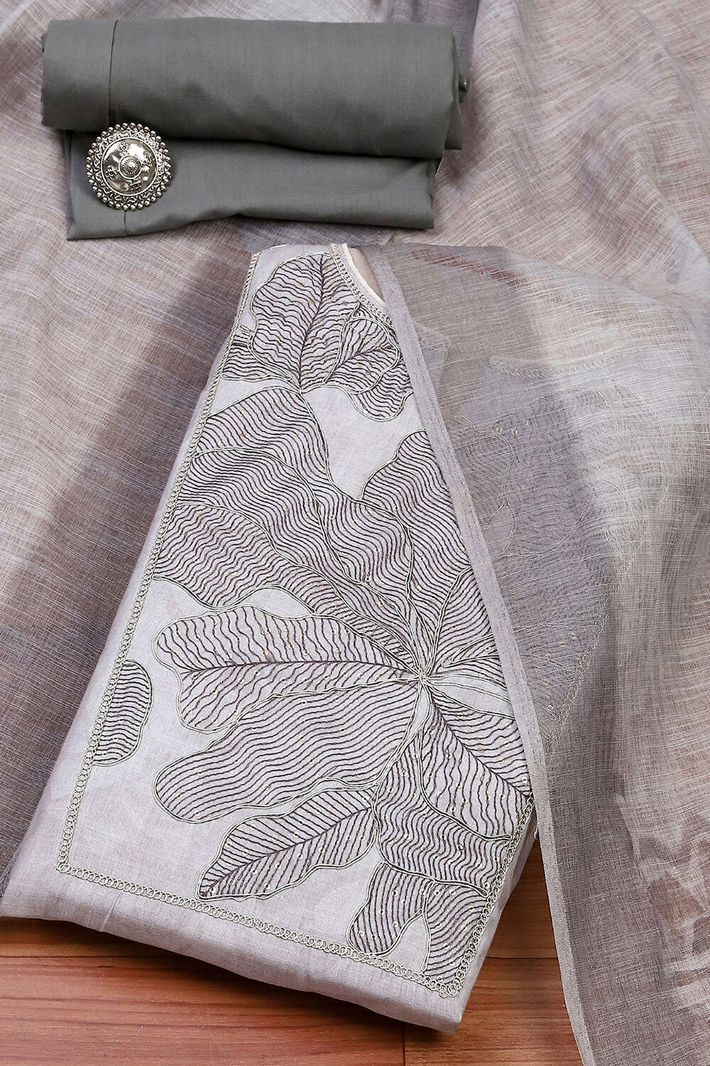 Gray Cotton Unstitched Suit Set image number 0