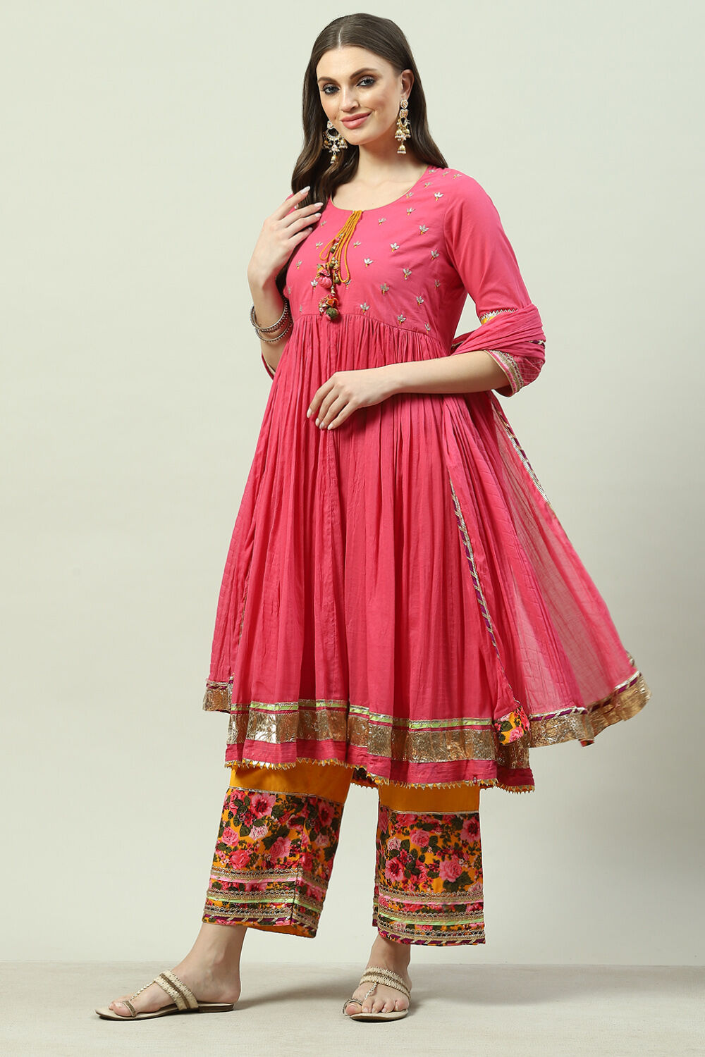 Pink Cotton Anarkali Kurta Palazzo Suit Set image number 2
