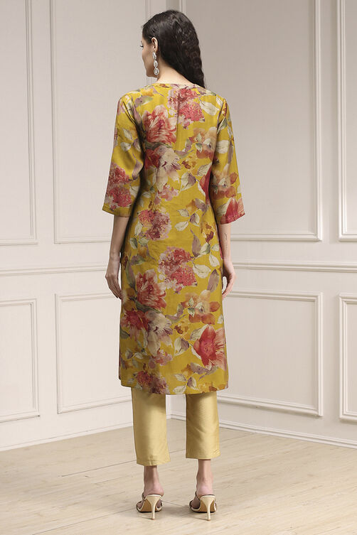 Yellow Floral Printed Straight Kurta image number 3