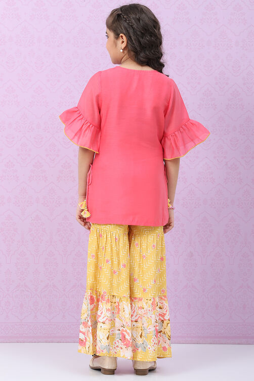 Pink & Yellow Art Silk Straight Kurta Set image number 4