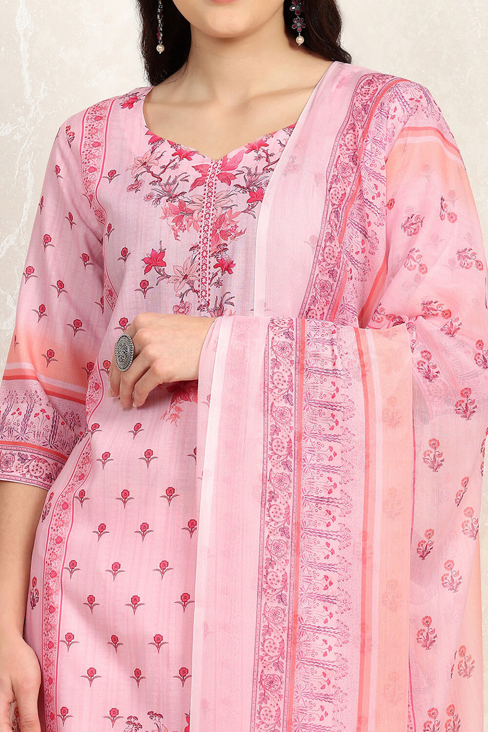 Pink Cotton Digital Print Unstitched Suit Set image number 2