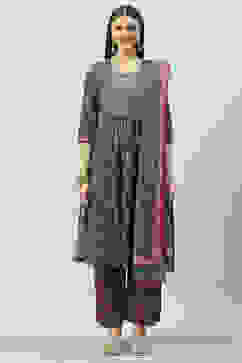 Grey Cotton Straight Kurta Palazzo Suit Set image number 5