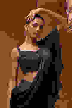 Navy Blue Poly Satin Embroidered Pre-Draped Saree image number 1