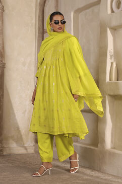 Lime Green Silk Gathered Yarndyed Suit Set image number 3