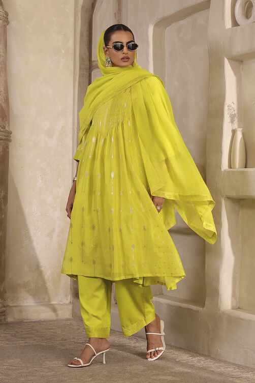 Lime Green Silk Gathered Yarndyed Suit Set image number 3