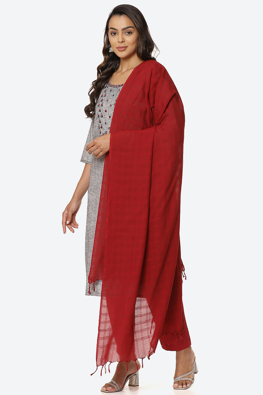 Grey Cotton Unstitched Suit Set image number 6