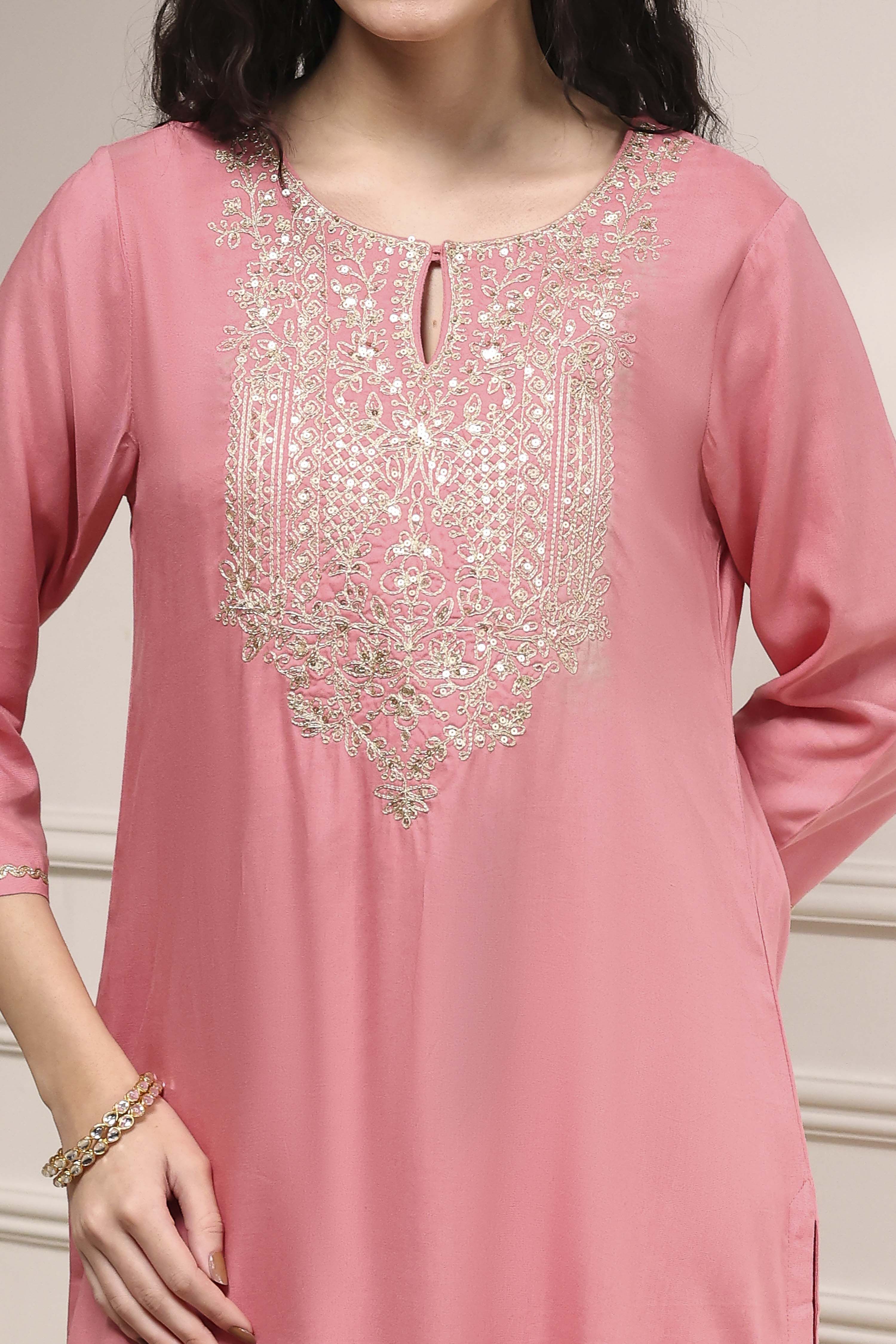 Pink Embroidered Straight Suit Set image number 1