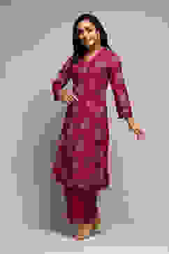 Magenta Cotton Blend A-Line Printed Kurta Palazzo Suit Set image number 3