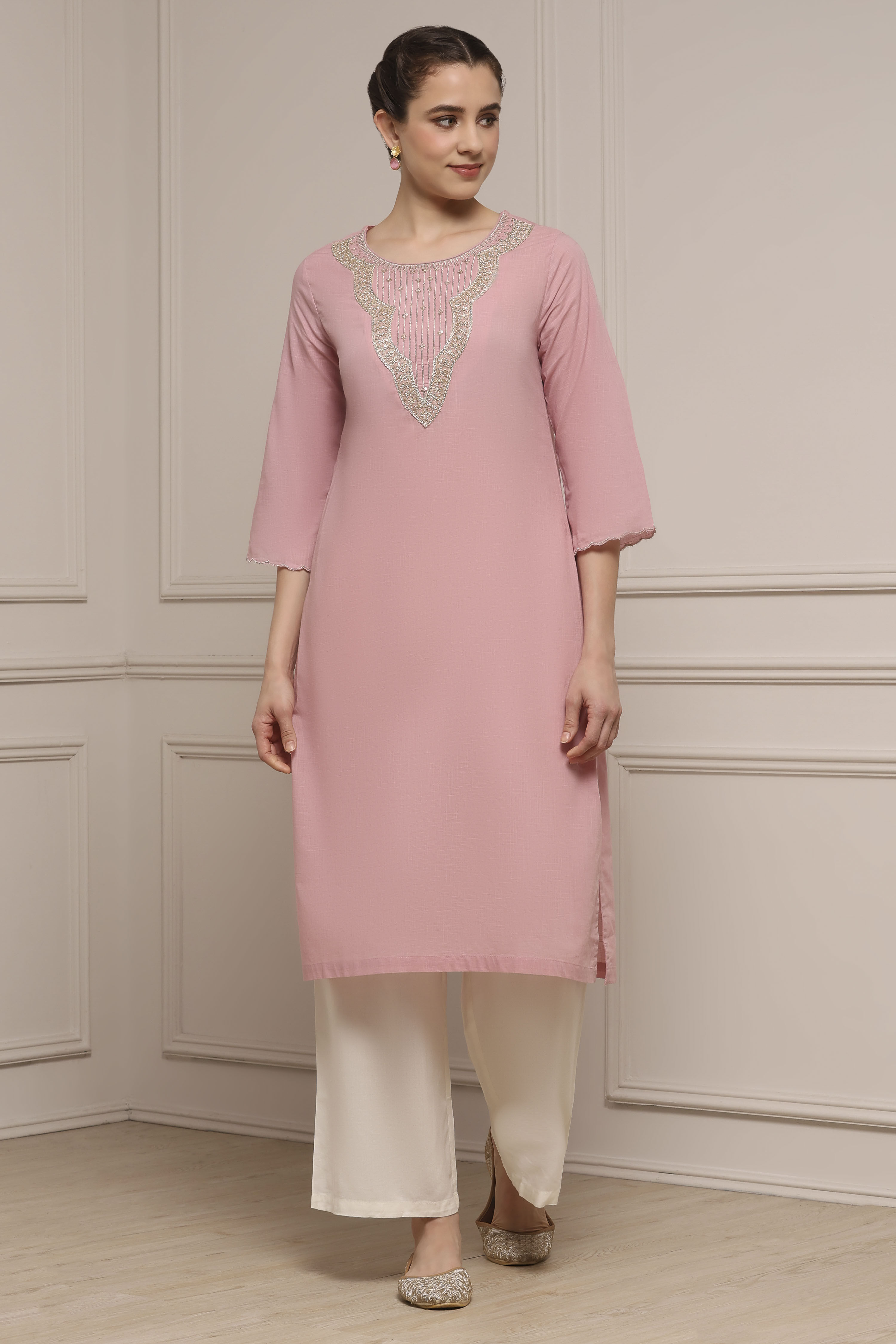Onion Pink Cotton Solid Straight Kurta image number 0