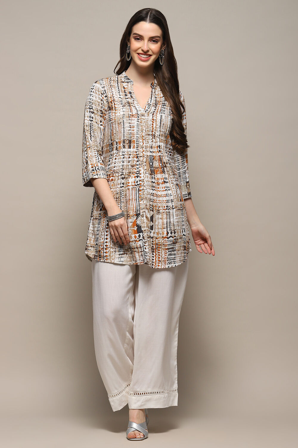 Brown Printed Straight Short Kurta image number 0