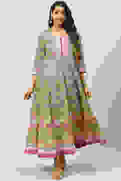 Olive Green Cotton Flared Printed Dress image number 0