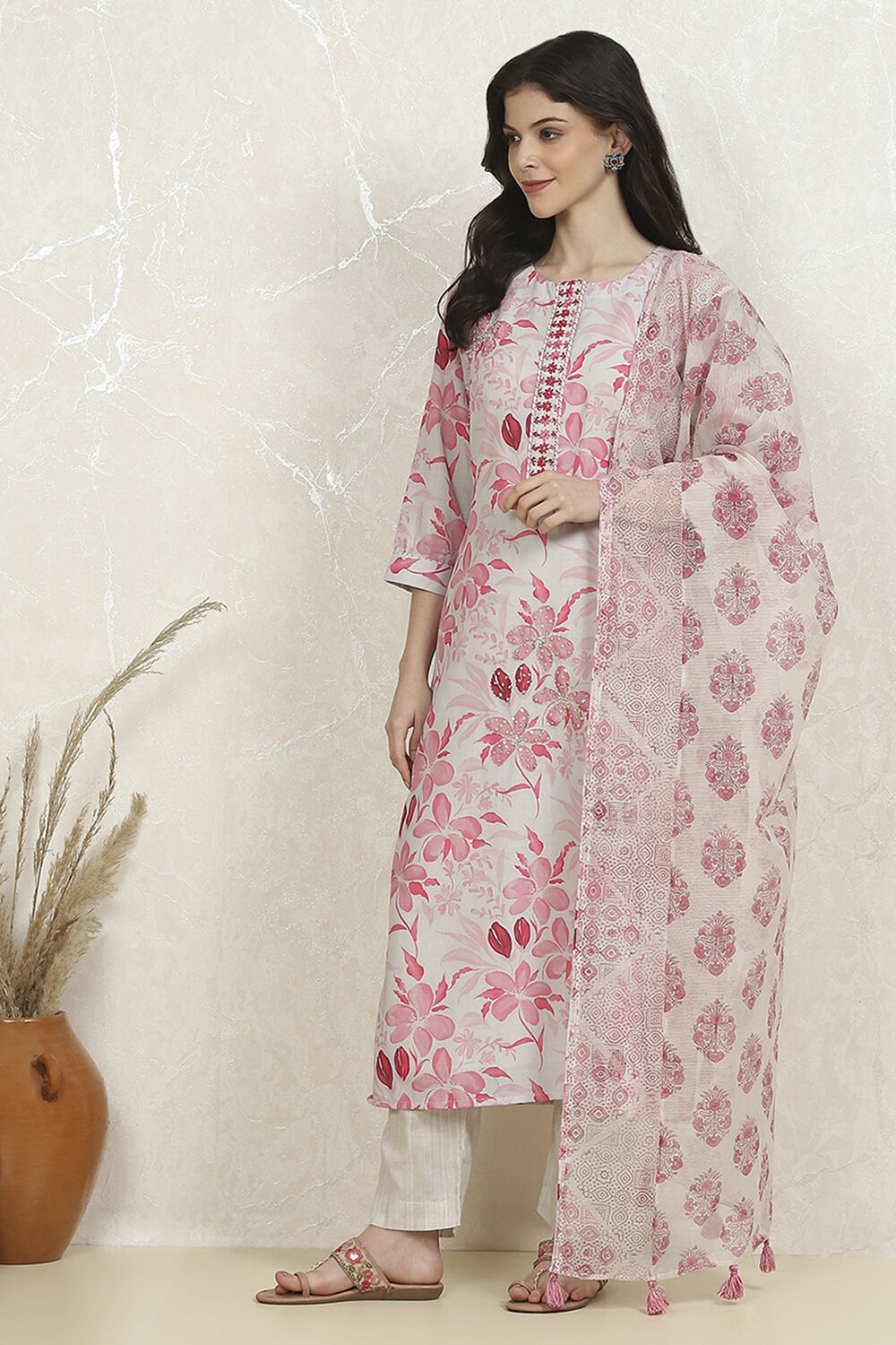 Pink and White Cotton Printed Unstitched Suit Set image number 4