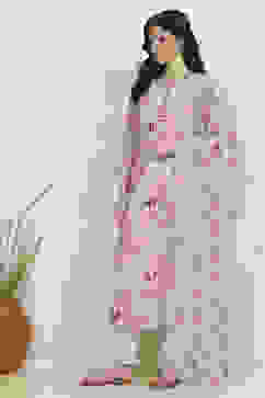 Pink and White Cotton Printed Unstitched Suit Set image number 4