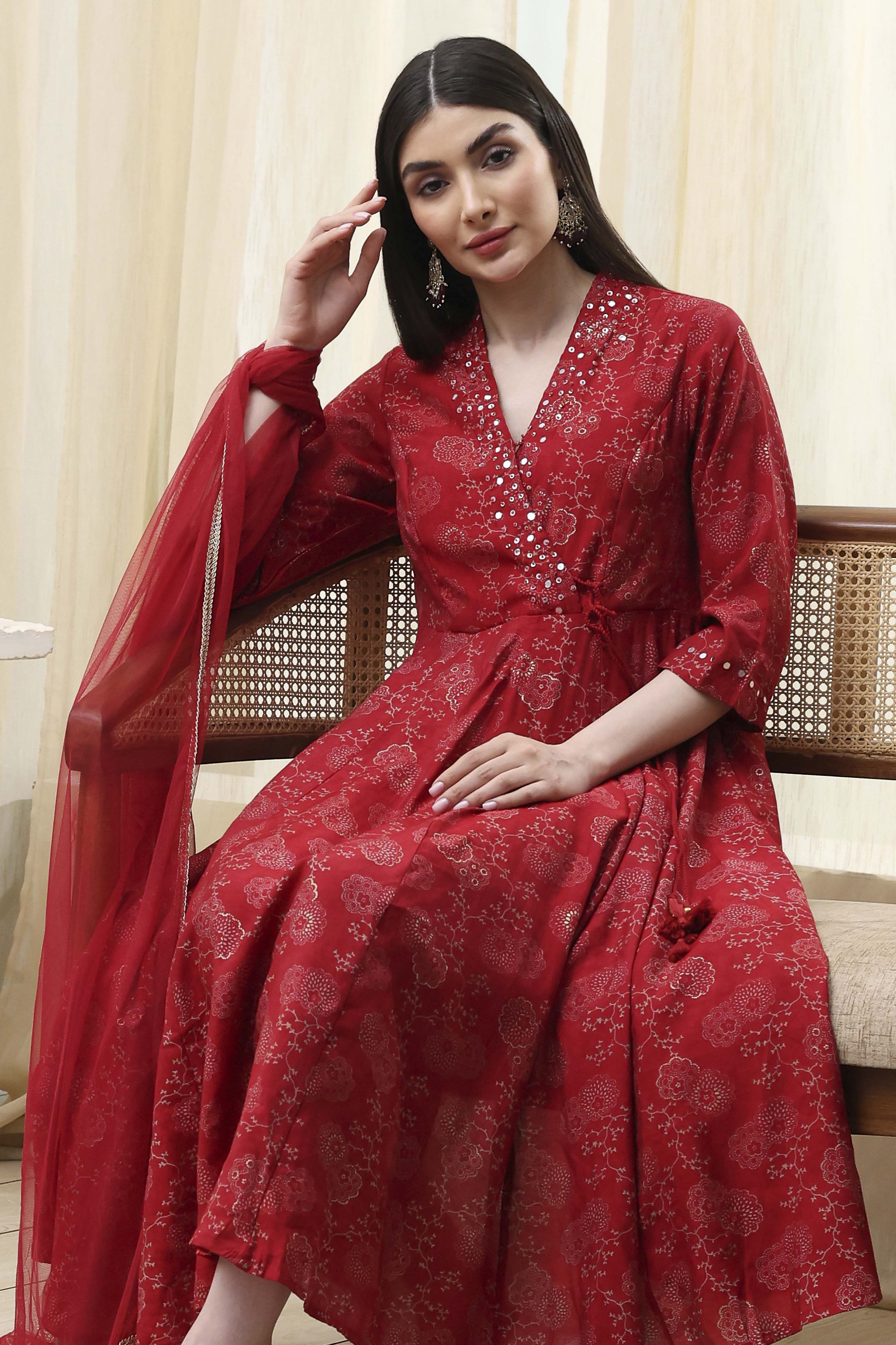 Red Printed Angrakha Style Anarkali Suit Set image number 7