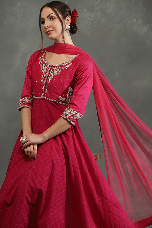 Rohit Bal Pink Silk Chanderi Floral Anarkali Suit Set image number 6