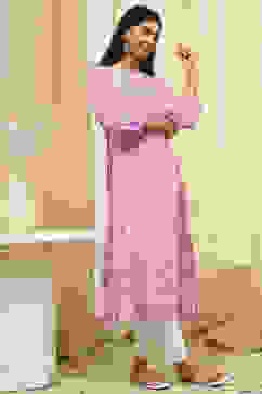 Purple Cotton Printed Straight Kurta image number 0