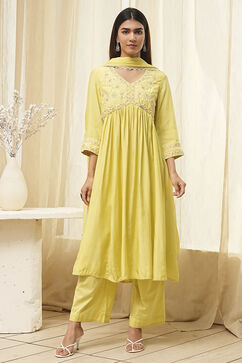 Lime Modal Blend Embroidered Gathered Suit Set image number 6