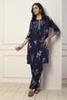 Navy Blue Viscose Rayon Floral Printed Straight Suit Set