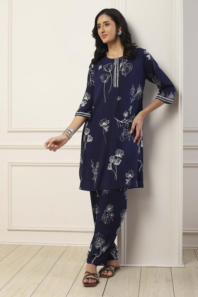 BIBA Blue Viscose Rayon Straight Suit Set in Indigo
