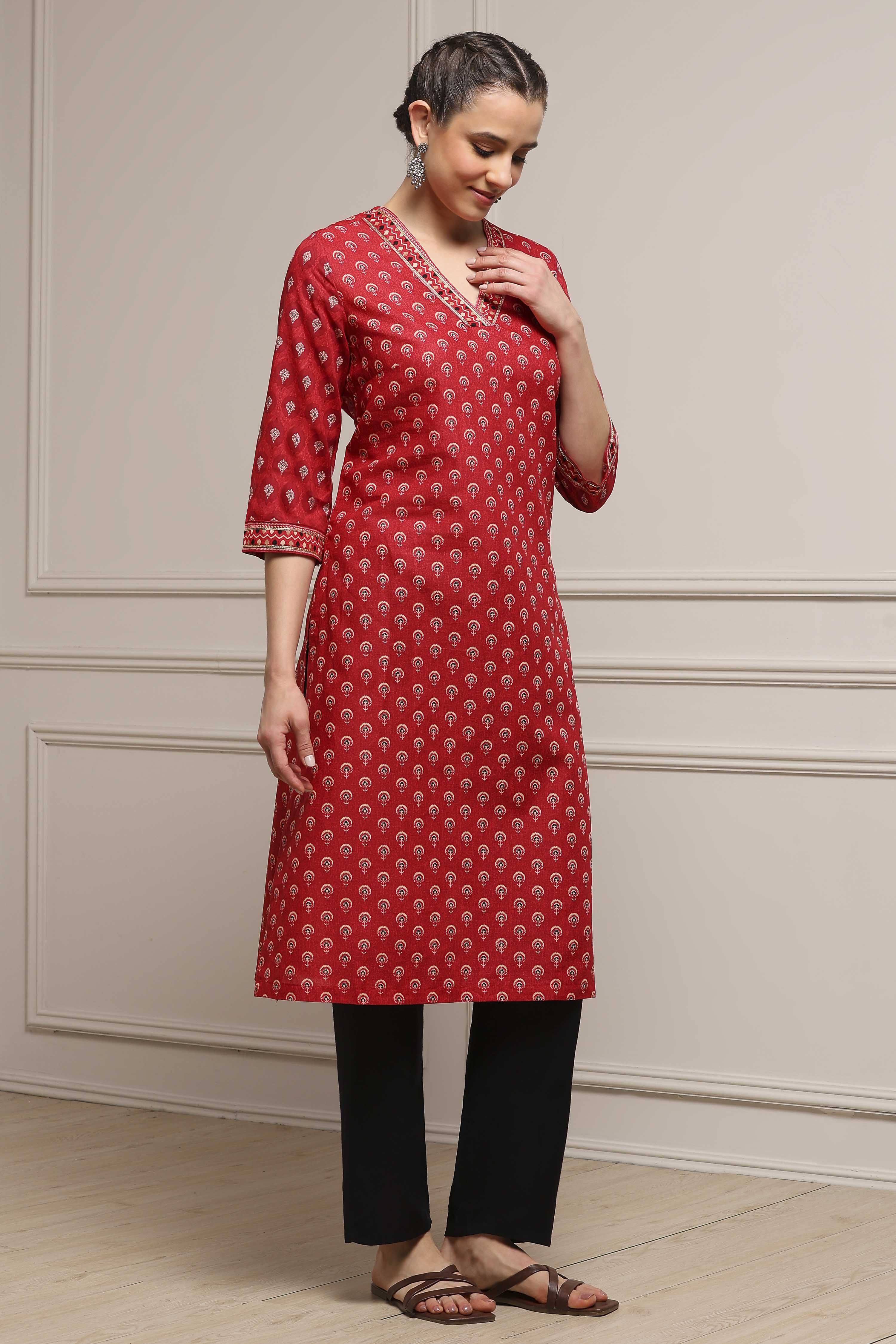 Red Cotton Straight Printed Kurta image number 4