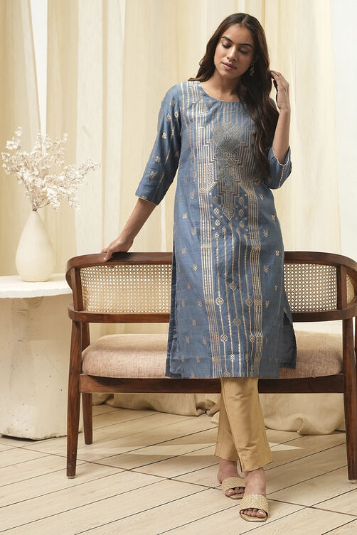 Blue Poly Cotton Straight Yarndyed Kurta image number 3
