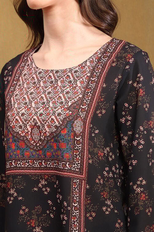 Black Crepe Printed Straight Short Kurta image number 1