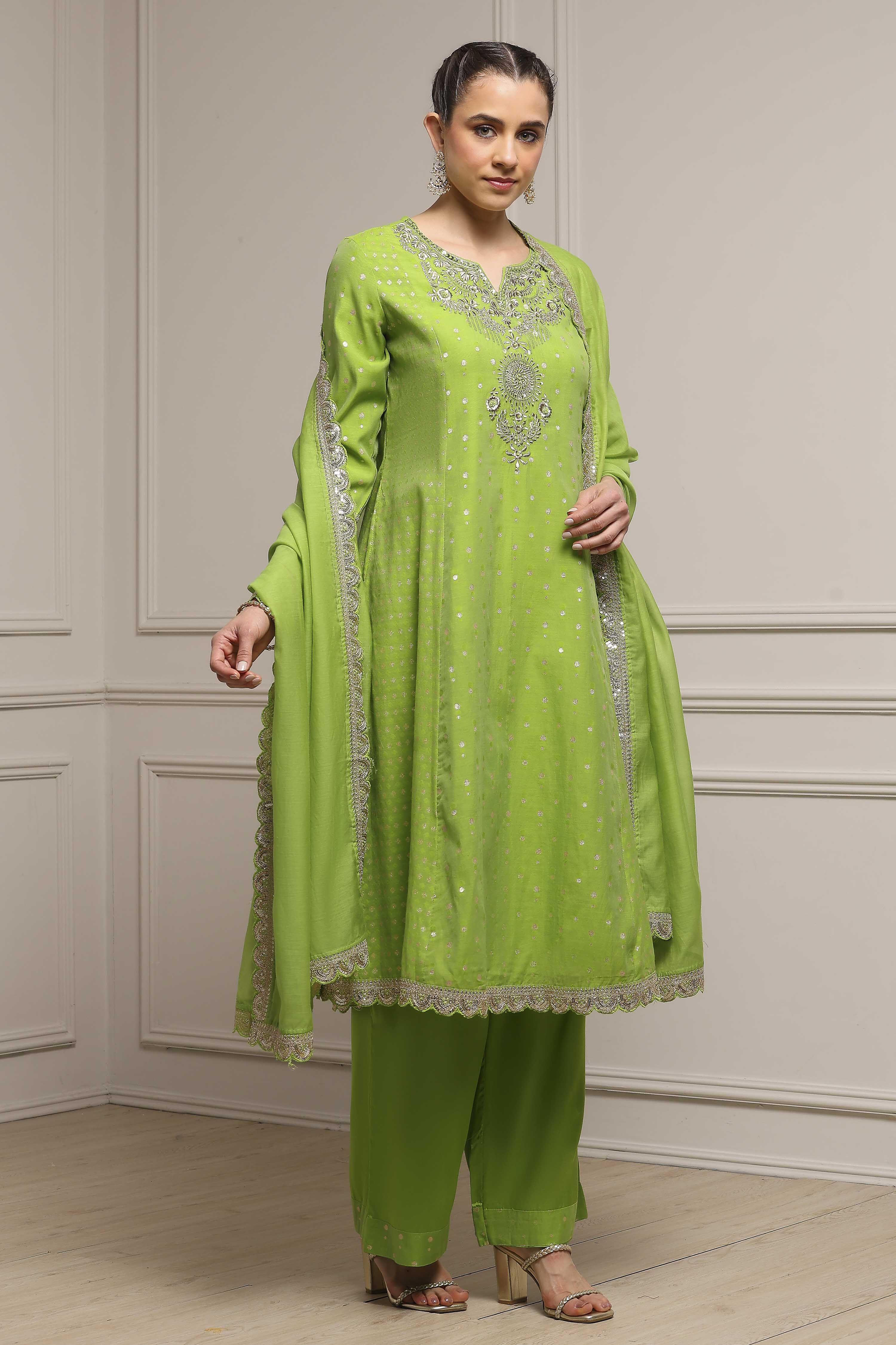 Lime Green Cotton A-Line Yarndyed Suit Set image number 5