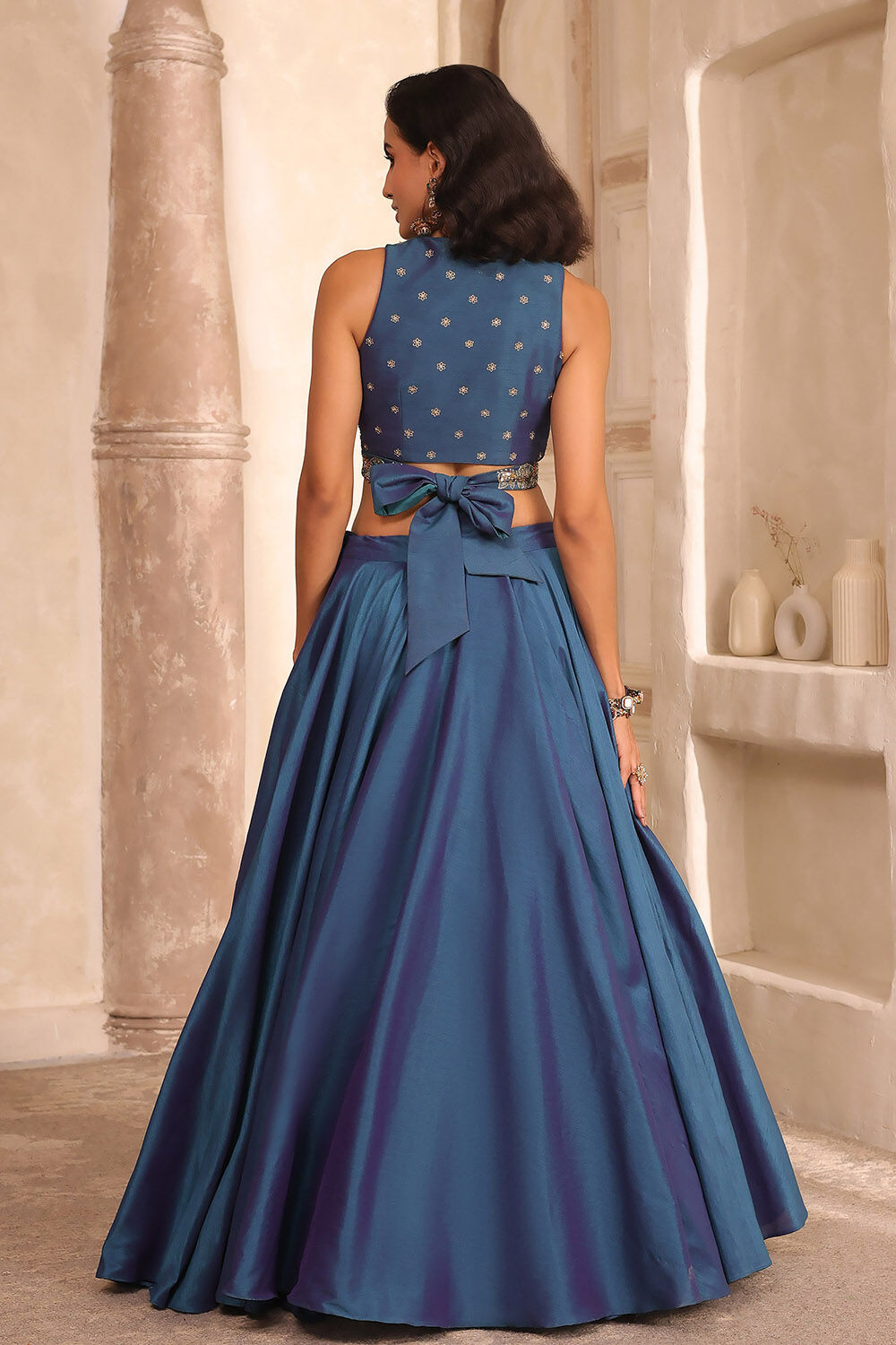 Teal Poly Dupion Silk Hand Zardozi Lehenga Set image number 4