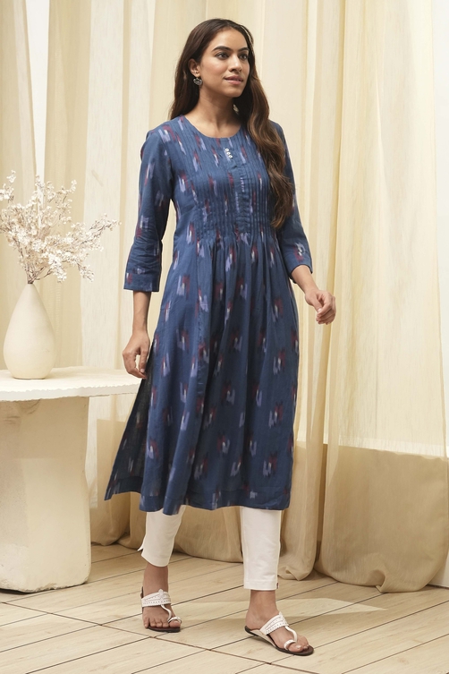 Navy Ikat Yarndyed Kurta image number 4