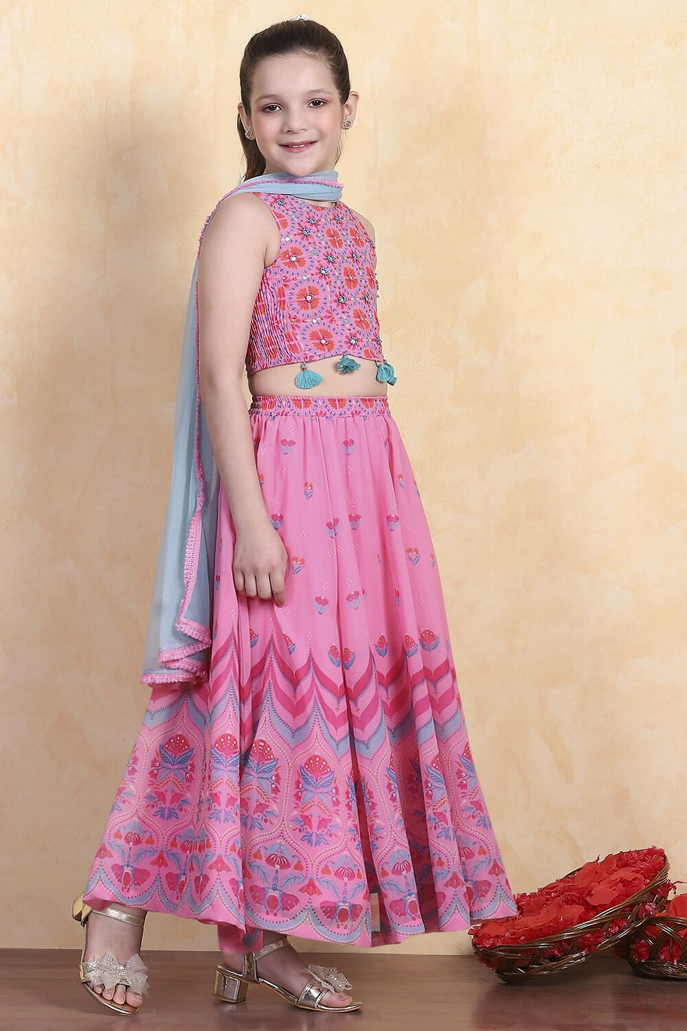 Pink Printed Flared Lehenga Set image number 4