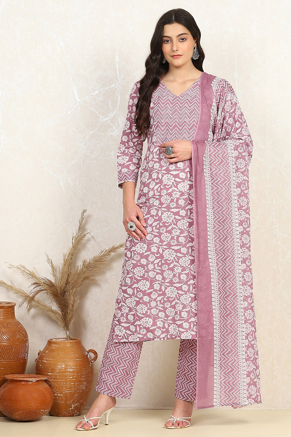 Purple Cotton Screen Printed Unstitched Suit Set image number 7