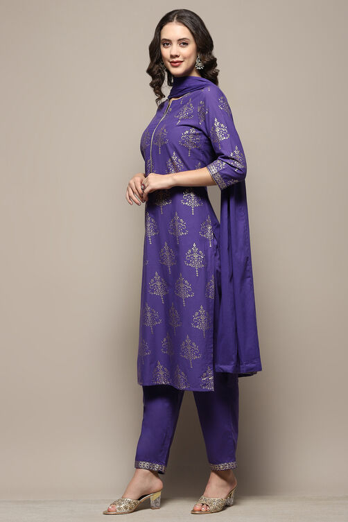 Magenta Cotton Printed Straight Suit Set image number 4