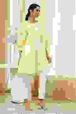 Lime and White Cotton Relaxed Short Kurta image number 4