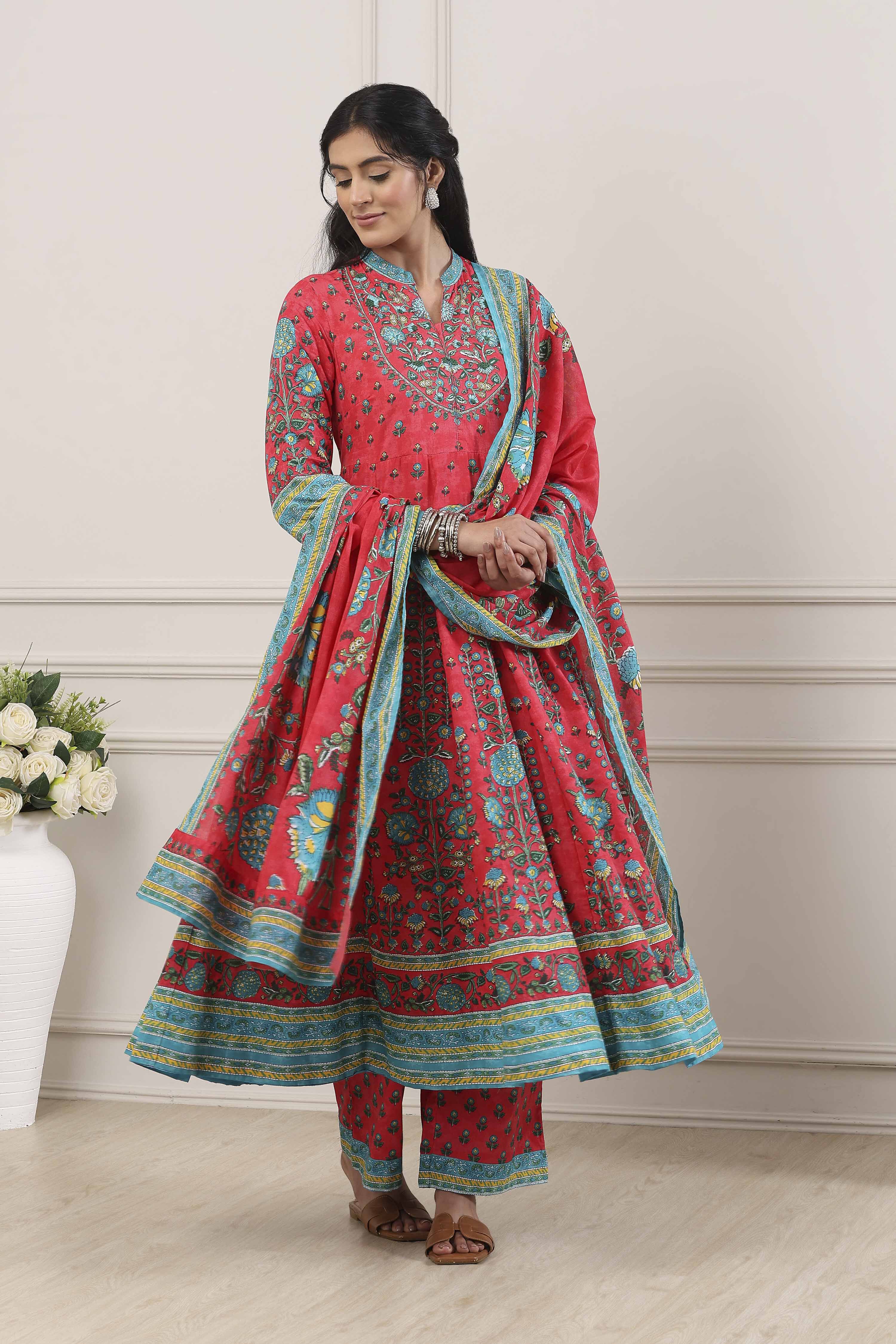 Red Cotton Kalidar Suit Set image number 6