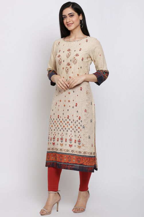 Cream Cotton Straight Printed Kurta image number 2