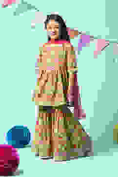 Lime Green Cotton Gathered Printed Kurta Sharara Suit Set image number 5