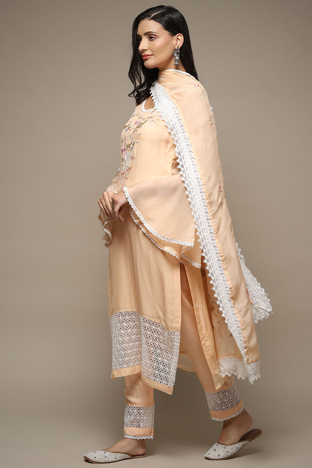 Peach Organza Lace Unstitched Suit Set image number 6