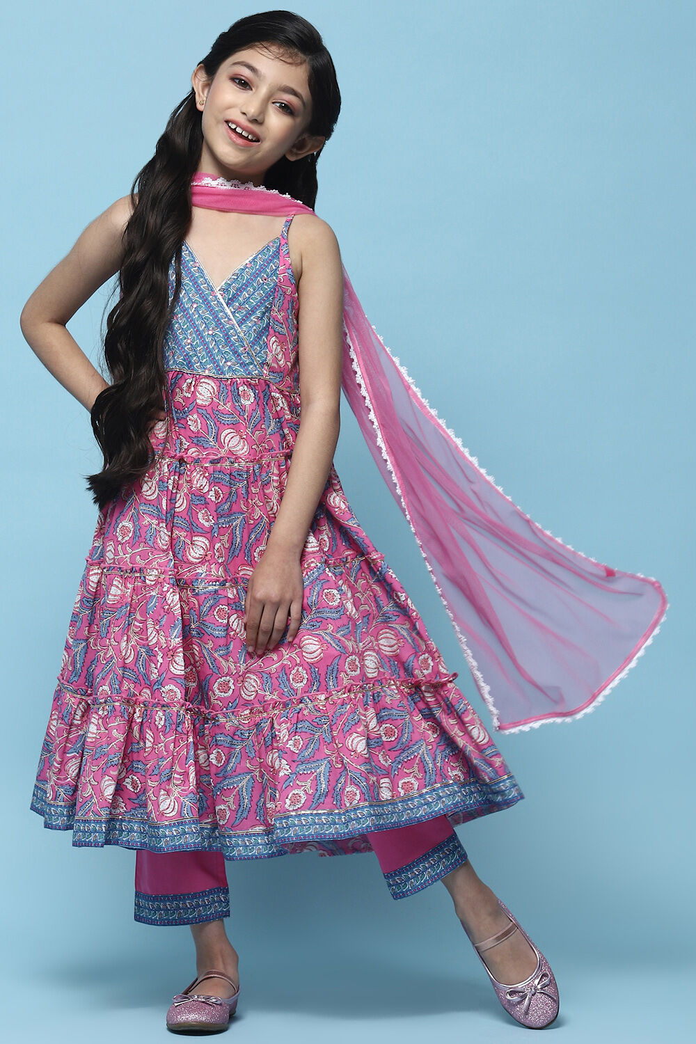 Pink Cotton Tiered Kurta With Palazzo & Net Dupatta  image number 0